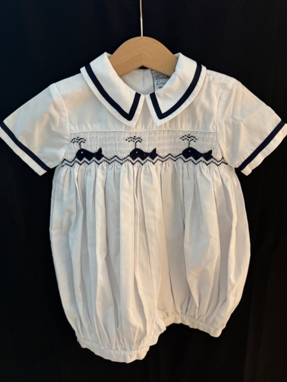Sarah Louise London Smocked Whale White Navy Baby Bubble Romper 12M EUC